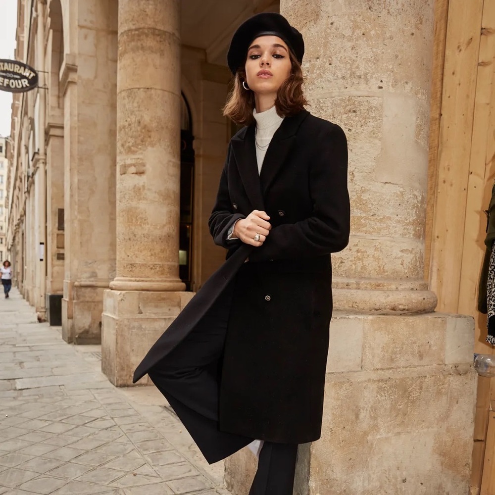 Kooples Double-Breasted Long Black Wool Coat